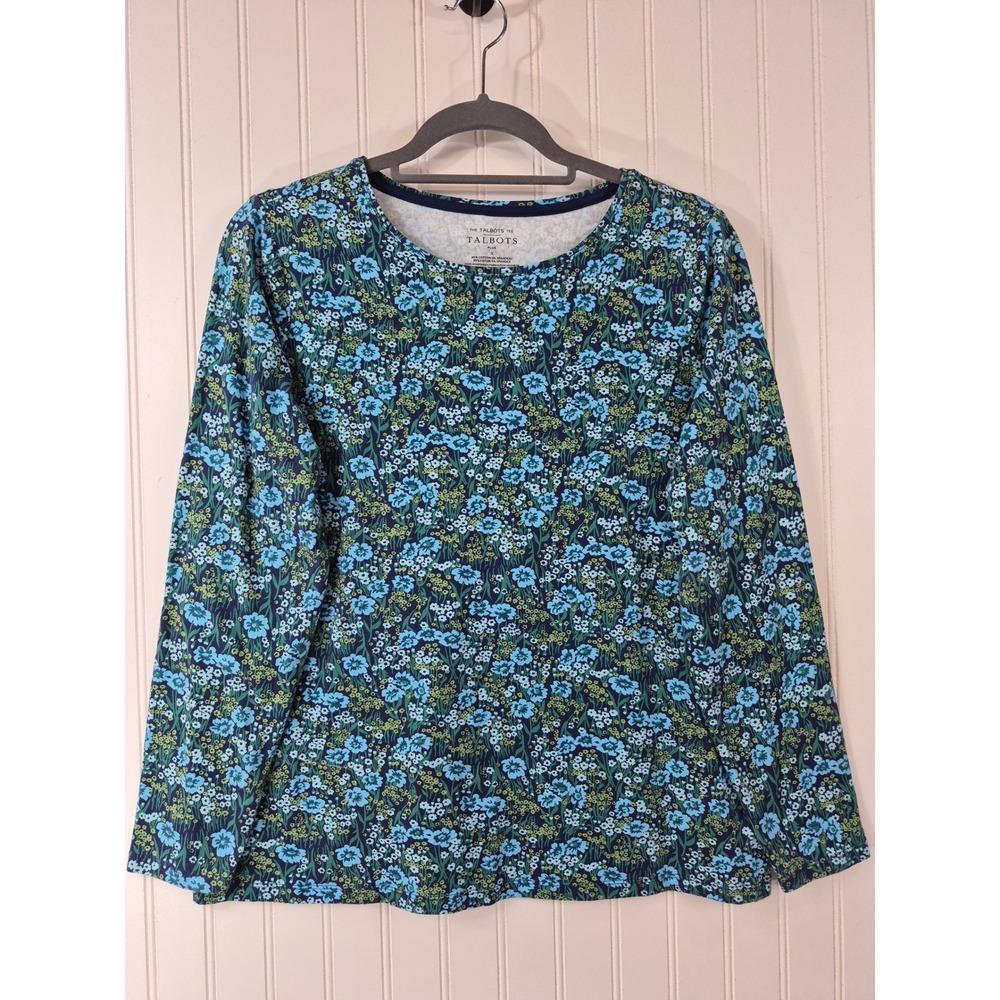 Talbots Tee Women 1XL Long Sleeve Floral Crew Neck Cotton Stretch Blue Green